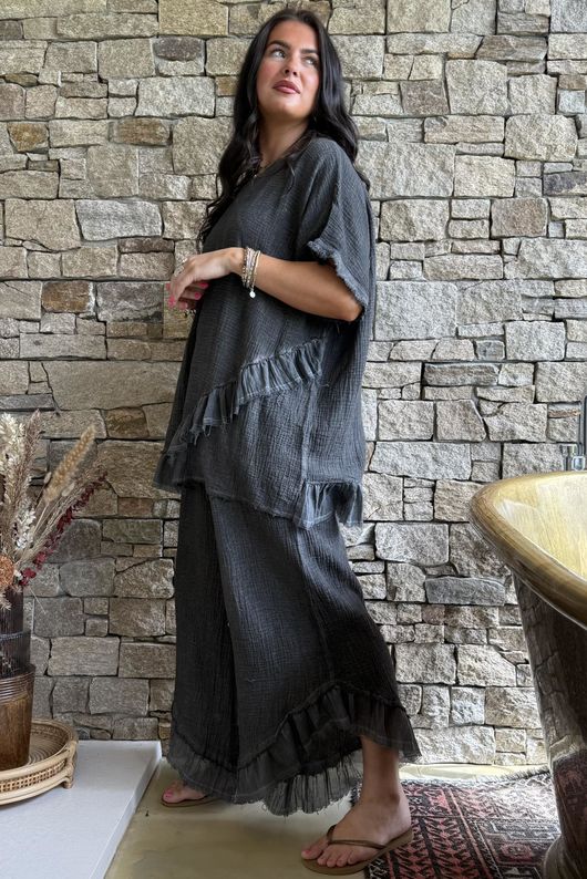 Rustic Nature Bubble Cotton Raw Frill Top Washed Charcoal